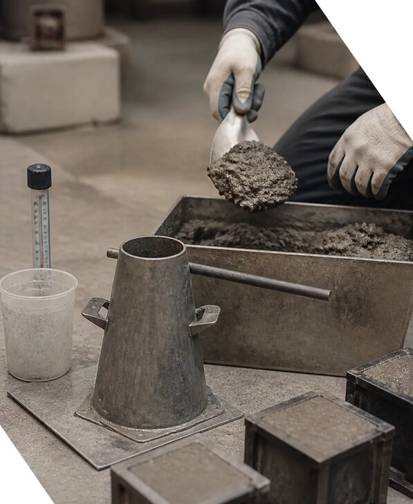 Испытание бетонной смеси в строительной лаборатории в Магадане